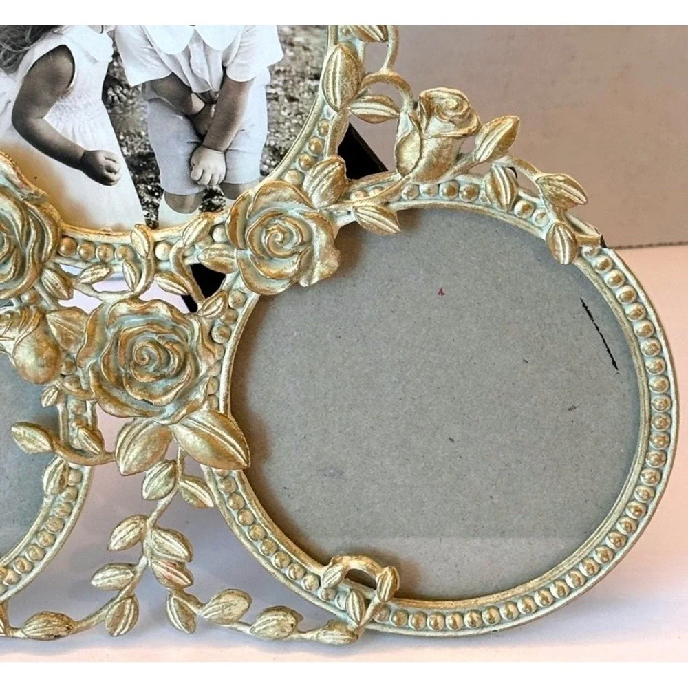 Vtg Burnes Boston Triple PhotoFrame 8X7 Antiqued Roses Birds Victorian Cottage